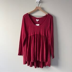 True Craft Red Babydoll Top Long Sleeve round neck cotton blend solid ribbed NWT